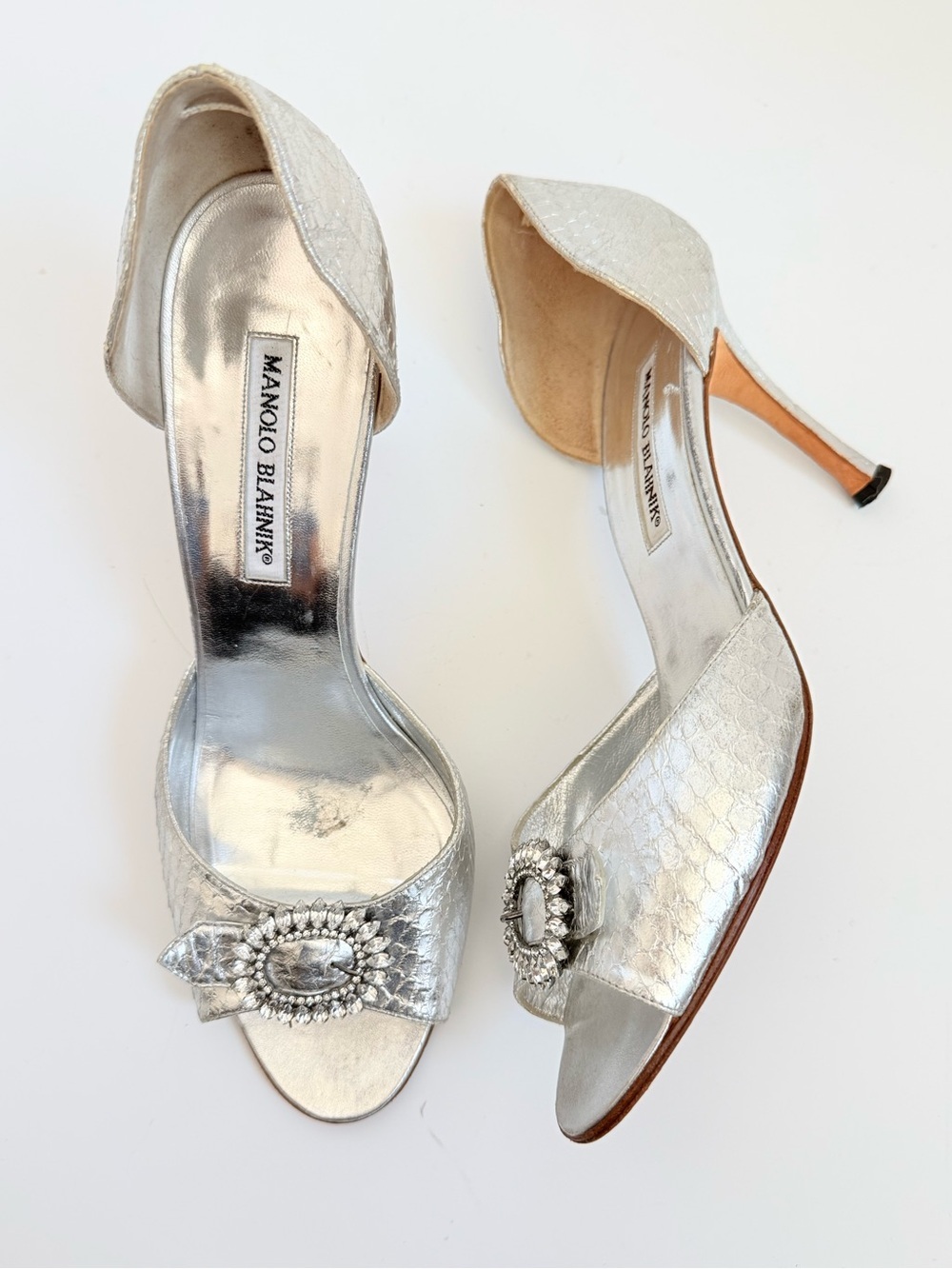 Manolo Blahnik Sedaraby Silver Python Crystal Buckle D’Orsay Mule Heels EU 39.5